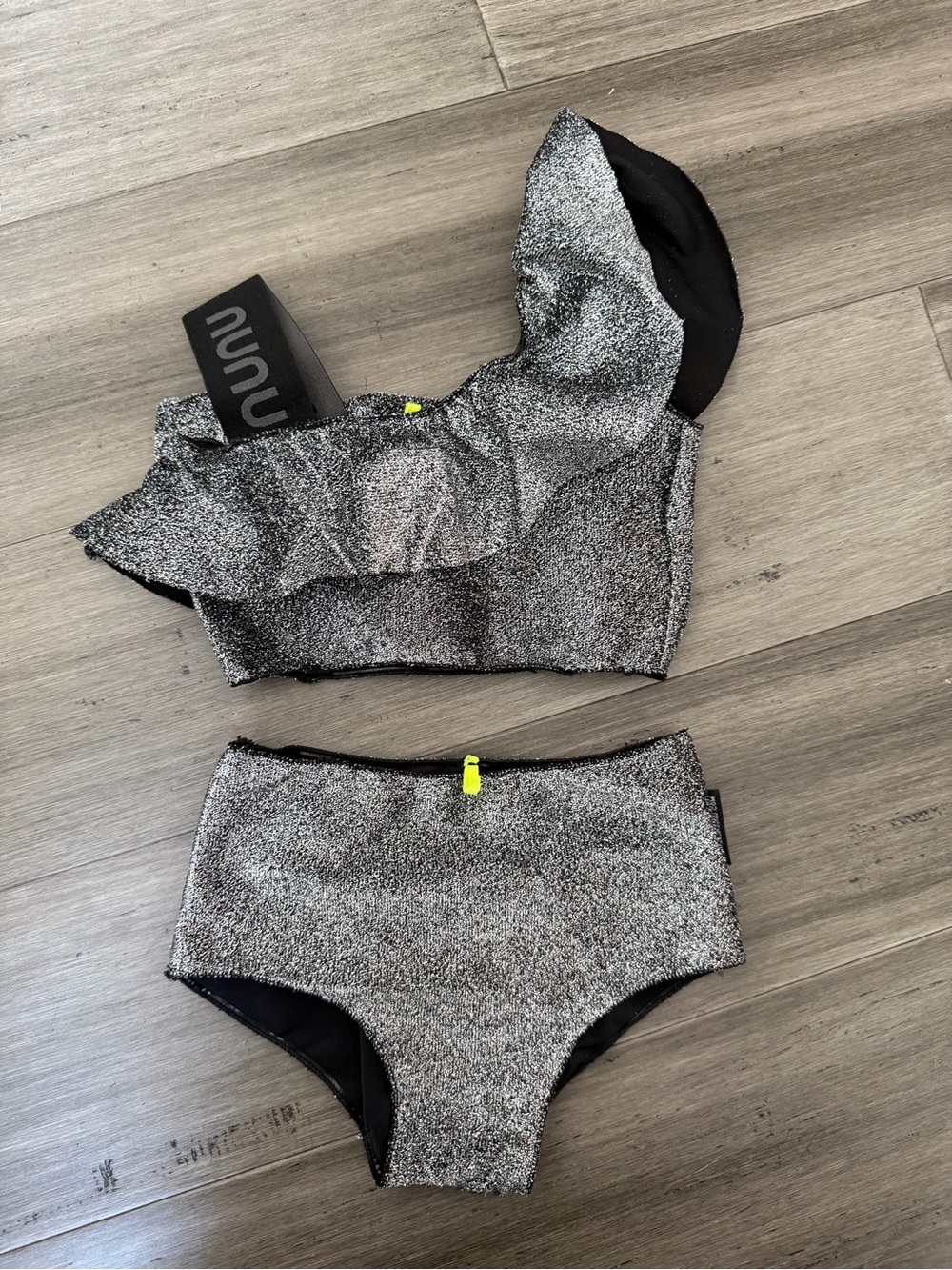 nununu Silver Glitter Two-Piece Ruffle Bikini with Black Trim